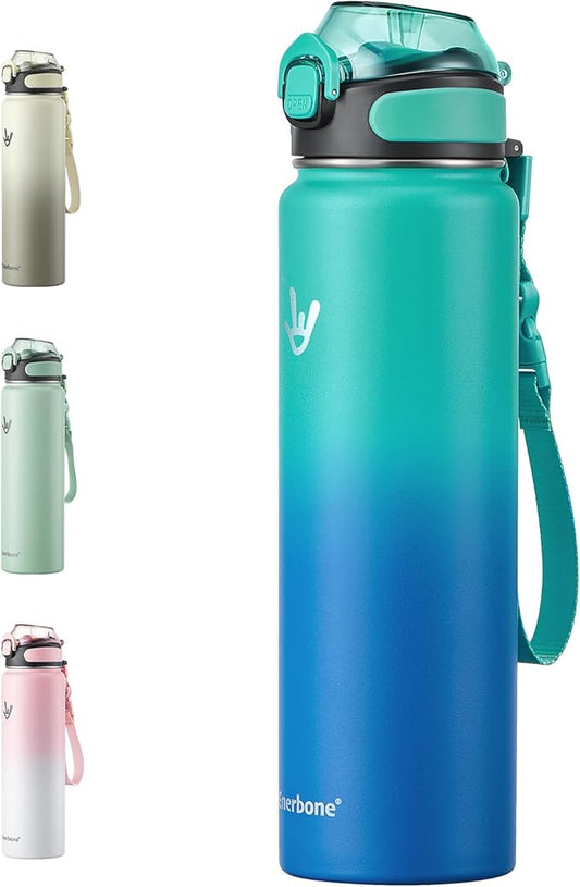 Enerbone 32 oz Insulated Water Bottle, Stainless Steel Bottle with Carrying Strap, Double-Wall Vacuum Insulation Design, Leakproof Sports Bottle with Straw, Keep Drinks Cold or Hot for Hours