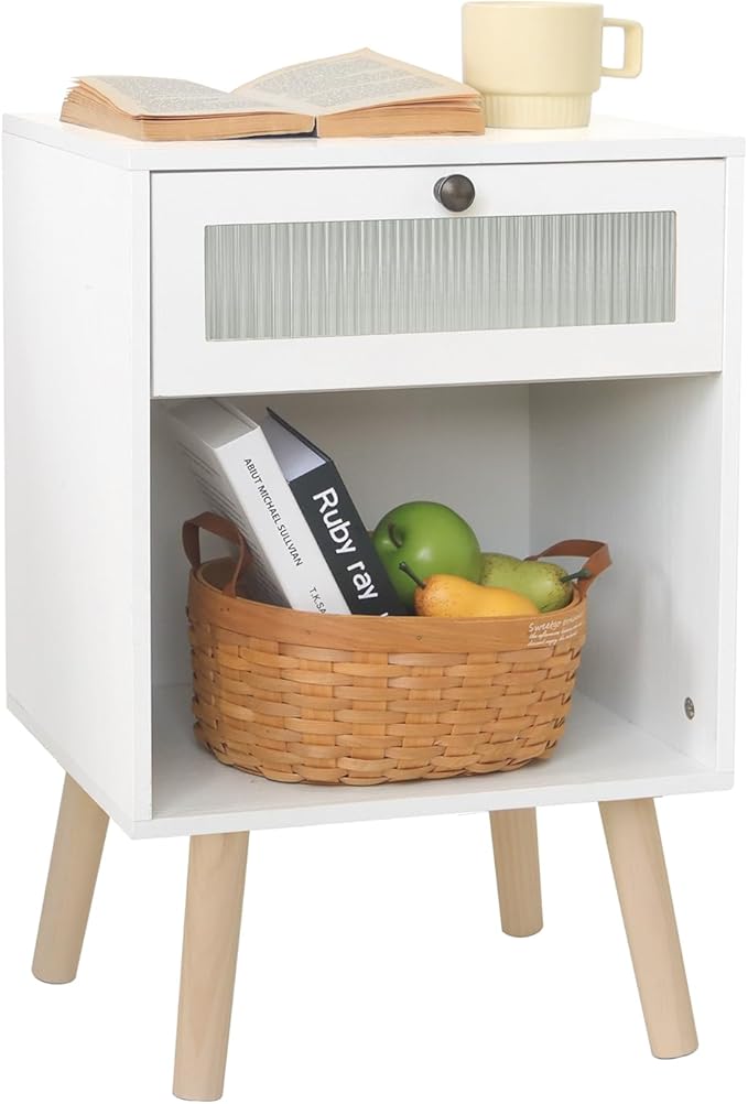 AWASEN White Night Stand, Modern Bedside Table with Glass Storage Drawer and Large Open Shelf, Wood Nightstand Side End Table with Solid Wood Legs for Bedroom, and Small Space, White-Ruum Studio Home