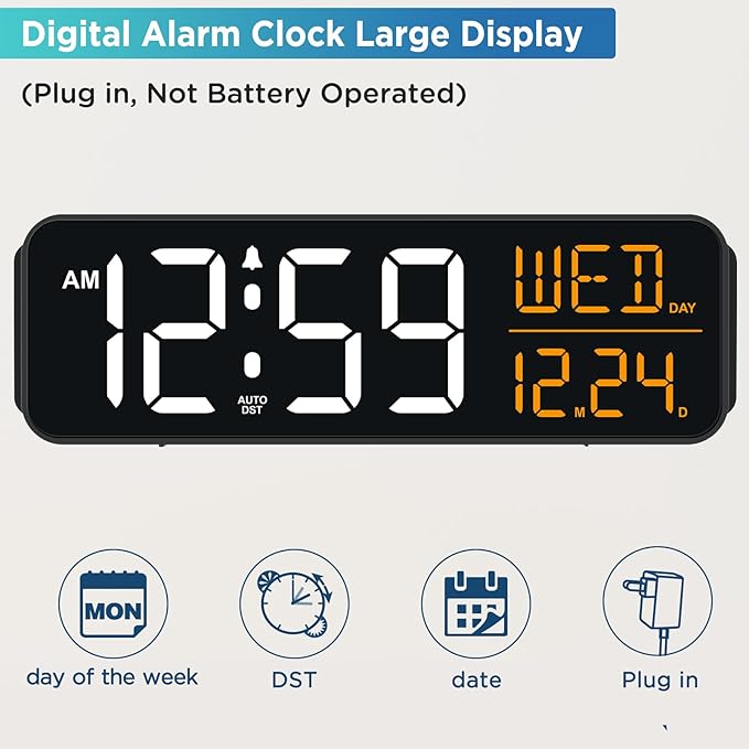 Peakeep Digital Alarm Clock Large Display for Bedrooms with Calendar, Auto DST, Desk Clock Electric Plug in for Living Room, Battery Backup, USB Port, 5 Dimmers-Ruum Studio Home