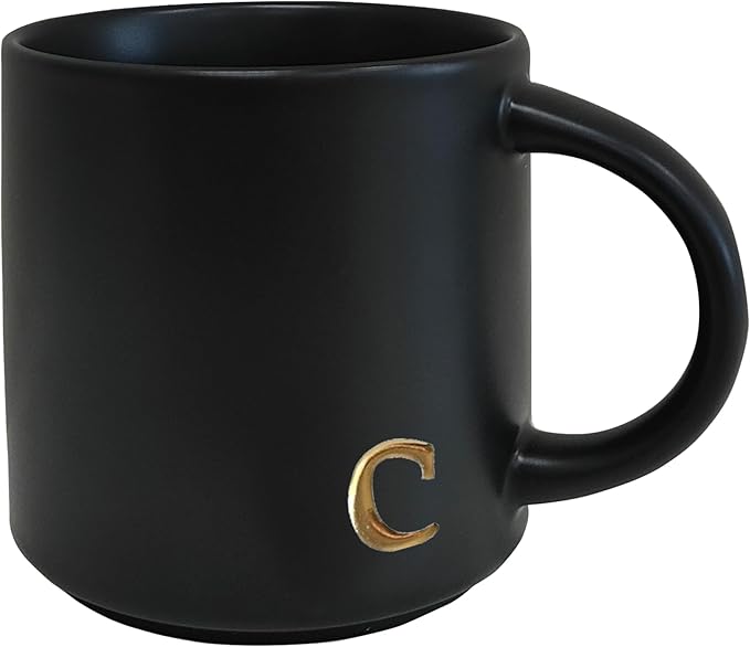 COLLECTIVE HOME - Black Monogram Ceramic Mugs, 15 oz Golden Initial Coffee Cups, Elegant Alphabet Tea Mugs, Personalized Halloween Mug with Gift Box, Perfect for Office and Home Décor (c)-Ruum Studio Home