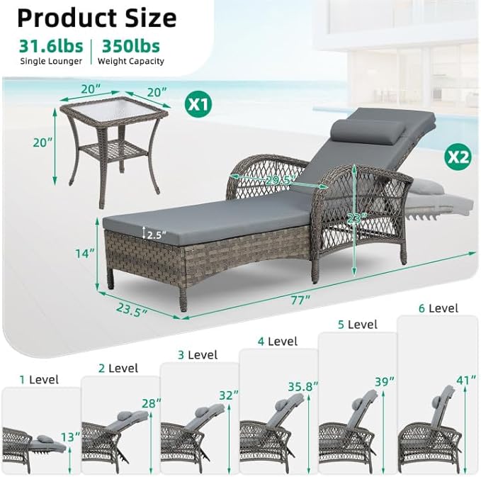 VIVIJASON 3 Pieces Outdoor Wicker Chaise Lounge Chair Set, All-Weather PE Rattan Cushioned Patio Lounger Set of 2 with Side Table, Adjustable Pool Sunbathing Recliner with Armrest & Pillow, Gray-Ruum Studio Home