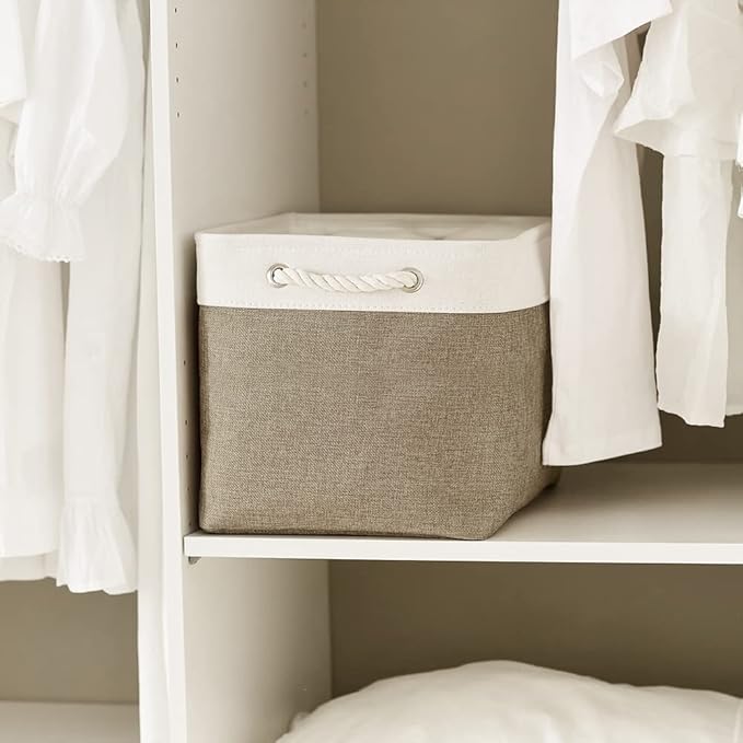 TcaFmac Organization and Storage Basket for Shelves - 16x12x12 inch Large 2 Pack Collapsible Storage Bins for Organization, Fabric Storage Cubes for Box Cloth Toy Books Kids (White & Khaki)-Ruum Studio Home