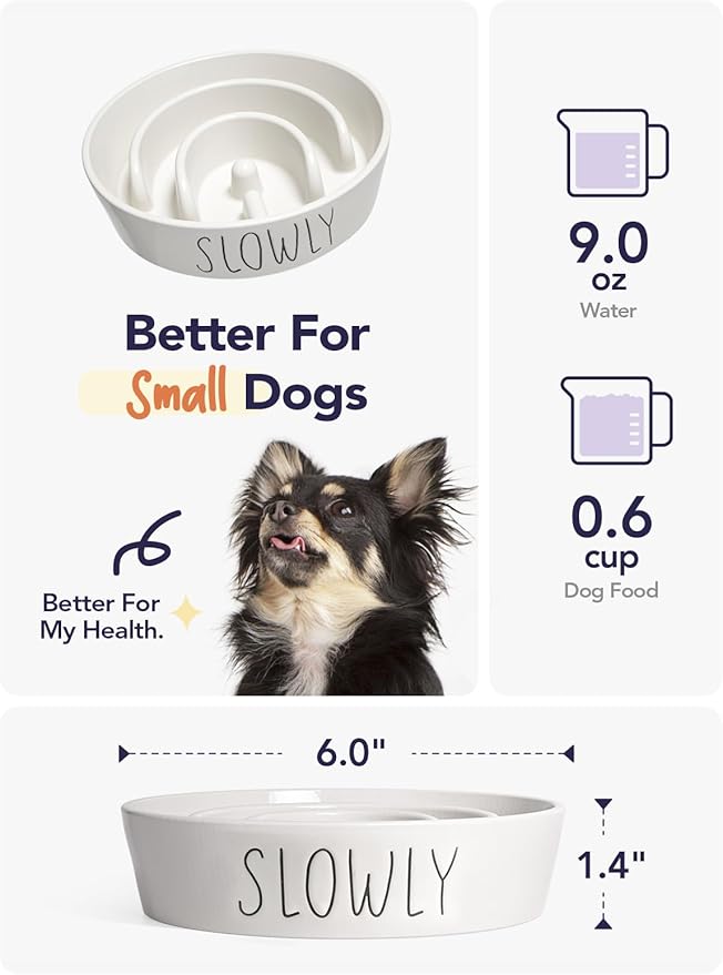 Ceramic Slow Feeder Dog Bowls Small Breed, 0.6 Cups Dog Food Dish for Fast Eaters, Puzzle Bowl for Small Dogs and Cats,White-Ruum Studio Home