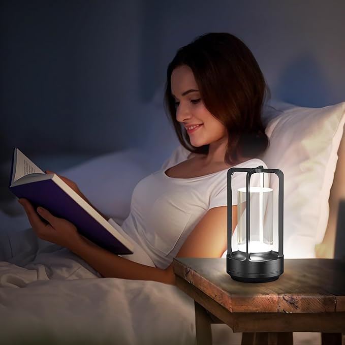 Portable Table Lamp for Outdoor Indoor: Cordless Rechargeable Desk Lamp with 3 Color Stepless Dimmable - Metal Battery Operated Small Lantern Light for Restaurant/Bedroom/Bar/Coffee Shop/Camping-Ruum Studio Home