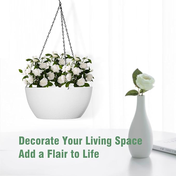 10 inch Hanging Planters for Outdoor Indoor Plants with Drainage Holes and Chain, 2 Pack Round Hanging Flower Plant Pots for Garden Home Porch Decor, White-Ruum Studio Home