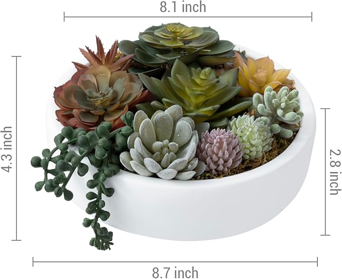 MyGift 8 Inch Round Modern Artificial Succulent Arrangement Potted in White Concrete Plant Bowl, Assorted Faux Mini Succulents in a Decorative Planter Pot-Ruum Studio Home