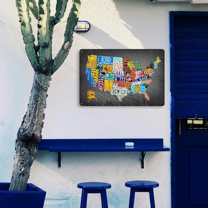 Funny Metal Tin Sign Vintage Usa Map License Plate Sign Garage Decor Map Poster License Plate Map Of The United States Usa Signs Garage Bar Home Office License Plate Decor-Ruum Studio Home