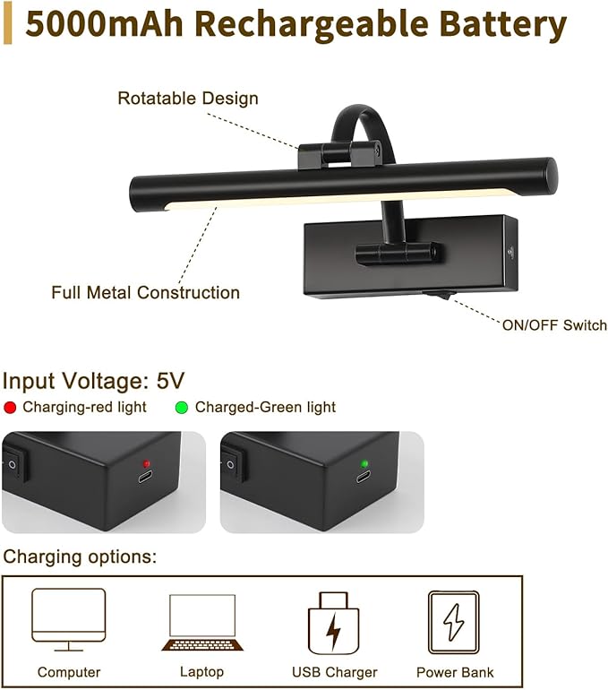 Battery Operated Picture Lights for Wall Black Art Light Wireless Gallery Lights with Timer and Remote 12 Inch 2W Warm White-Ruum Studio Home