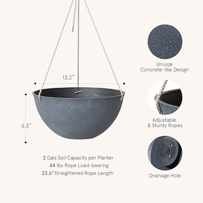 LA JOLIE MUSE Large Hanging Planters for Outdoor Plants - Hanging Flower Pots Weathered Gray (13.2 Inch, Set of 2)-Ruum Studio Home