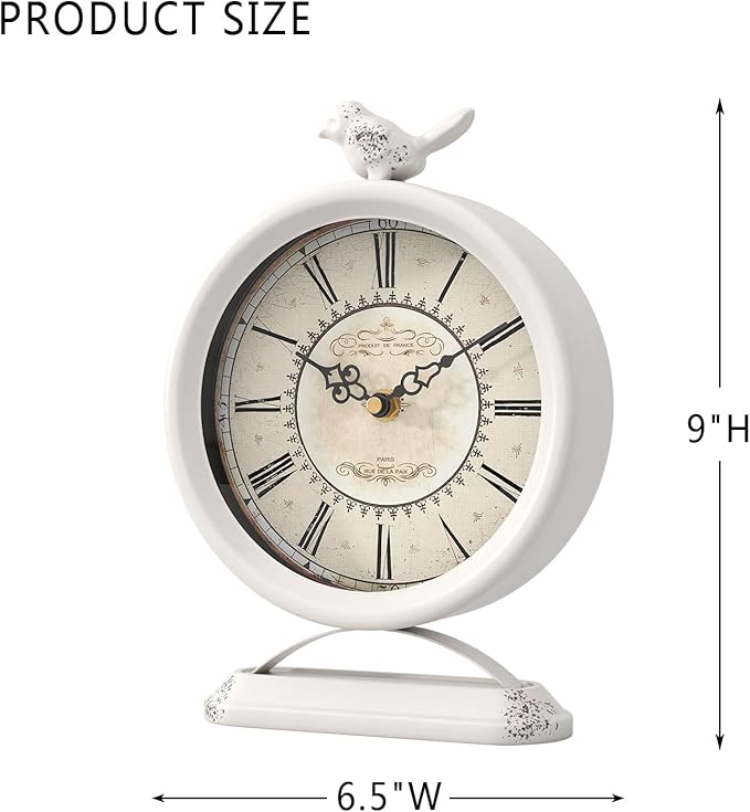 Vintage Table Clock with Bird, European Antique Style White Mantel Clocks, Desk and Shelf Decor Clock, for Farmhouse, Bedside, Living Room, Bedroom, Gift (9" H x 6.5" W)-Ruum Studio Home