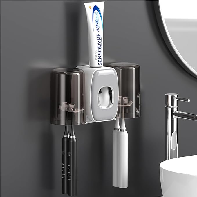 Toothbrush Holders Wall Mounted,Toothpaste Dispenser for Kids Hanging Adhesive Automatic Toothbrush Holders Bathroom Decor with Toothpaste Dispenser 2 Cups - Grey-Ruum Studio Home