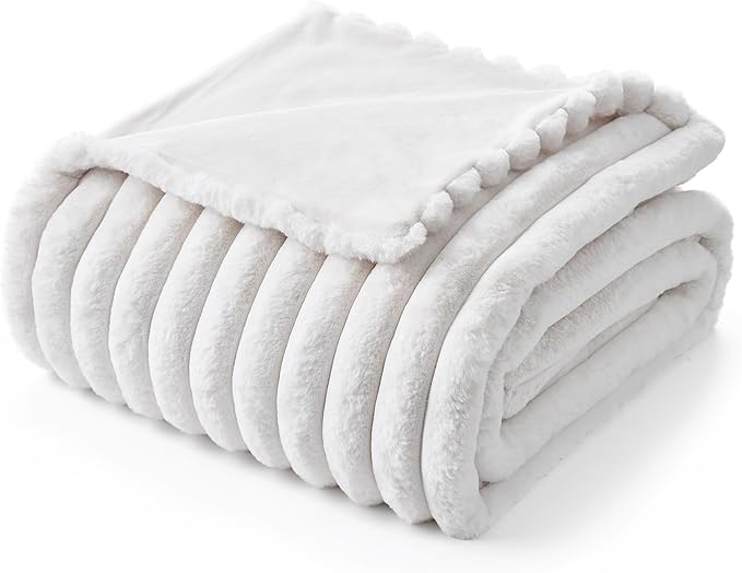 Amélie Home Faux Fur Throw Blanket for Couch, Cozy Fuzzy Fluffy Fur Luxurious Soft Striped Plush Gift Blankets for Family Sofa Chair Bed Living Room Bedroom, 60"x80", Ivory-Ruum Studio Home
