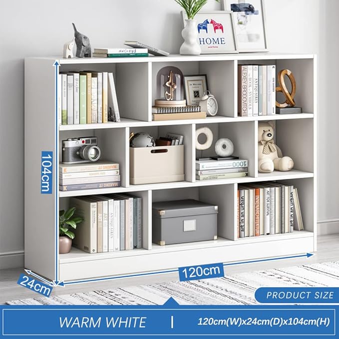 IOTXY Open Shelf Low Bookcase - Wooden 3-Tier Floor Standing Display Cabinet Organizer with Base, 10 Cubes Short Horizontal Bookshelf in Warm White-Ruum Studio Home