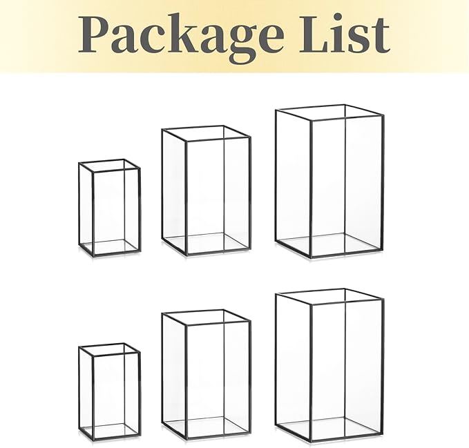 Glass Hurricane Candle Holder Large - Hewory 6pcs Black Rectangle Flower Holders Centerpiece for Table, Tall Floor Square Pillar Candle Lantern for Wedding, Anniversary, Party, Fireplace, Dining Room-Ruum Studio Home