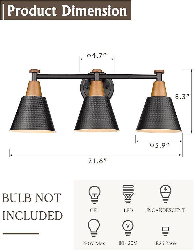 FEMILA Black Bathroom Light Fixtures, 3-Light Bathroom Vanity Lights Over Mirror with Hammered Metal Shade, Modern Wall Lamp for Kitchen Bedroom Living Room,4FG59B-3W BK-Ruum Studio Home