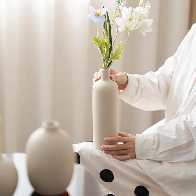 Modern Ceramic Vase Set, Neutral Colors, Decorative Vases for Home Decor, 4 Piece Collection (Beige)-Ruum Studio Home