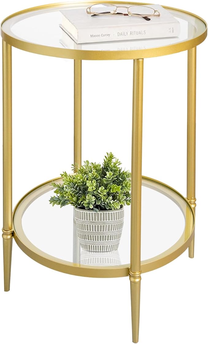 2 Tier Round Side Table, Gold End Table with Glass Top, Modern Metal Clear Coffee Tables, Small Accent Tables for Living Room, Bedroom, 18" x 18"-Ruum Studio Home