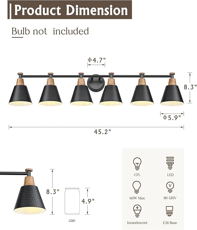 FEMILA Black 6 Light Bathroom Vanity Light, Vintage Bathroom Light Fixtures Over Mirror, E26 Base, 4FG59B-6W BK-Ruum Studio Home