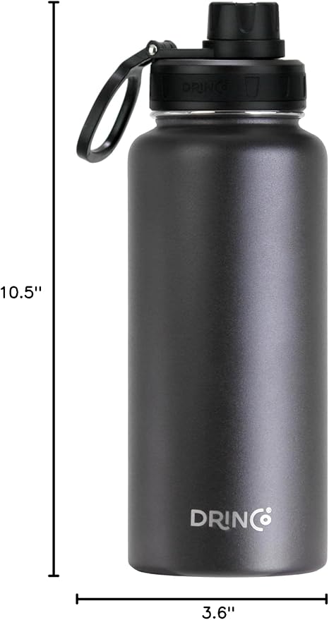 DRINCO Stainless Steel Water Bottle Spout Lid Vacuum Insulated Double Wall Water Bottle Wide Mouth (40oz 32oz 22oz 18oz 14oz) Leak Proof Keep Cold Sport Camping Hiking (32 oz, 32oz Black)-Ruum Studio Home