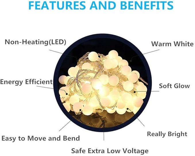 Globe String Lights for Bedroom, 49 Feet 100 LED Fairy Lights Plug in, 8 Modes Warm White Christmas String Lights for Indoor Outdoor Patio Party Garden Wedding Christmas Tree Decor-Ruum Studio Home