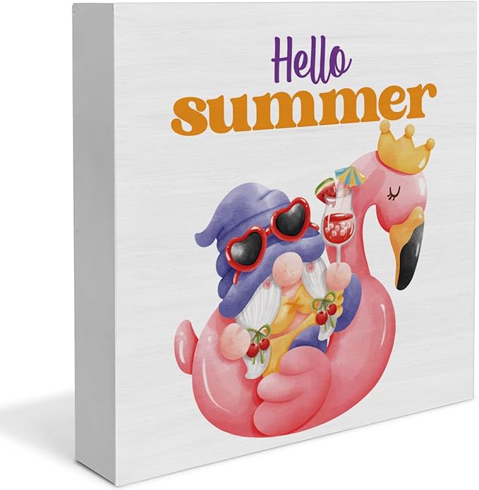 Hello Summer Decor Flamingo Decorations Summer Gnome Wooden Sign Rustic Home Decor 5 x 5 Inches-Ruum Studio Home
