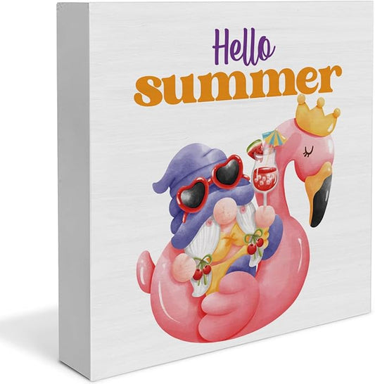 Hello Summer Decor Flamingo Decorations Summer Gnome Wooden Sign Rustic Home Decor 5 x 5 Inches-Ruum Studio Home