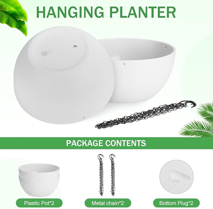 12 inch Hanging Planters for Indoor Plants, 2 Pack Planters for Outdoor Plants with Drainage Holes and Chain, Round Plastic Hanging Baskets, Hanging Flower Pots for Balcony Garden Decor-White-Ruum Studio Home