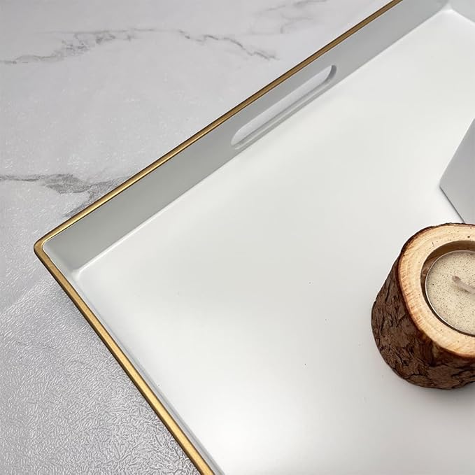 White Decorative Tray, Square Serving Tray with Handles, Plastic Coffee Table Tray for Ottoman, Living Room, Kitchen Tabletop, 13"x13"x1.6"-Ruum Studio Home
