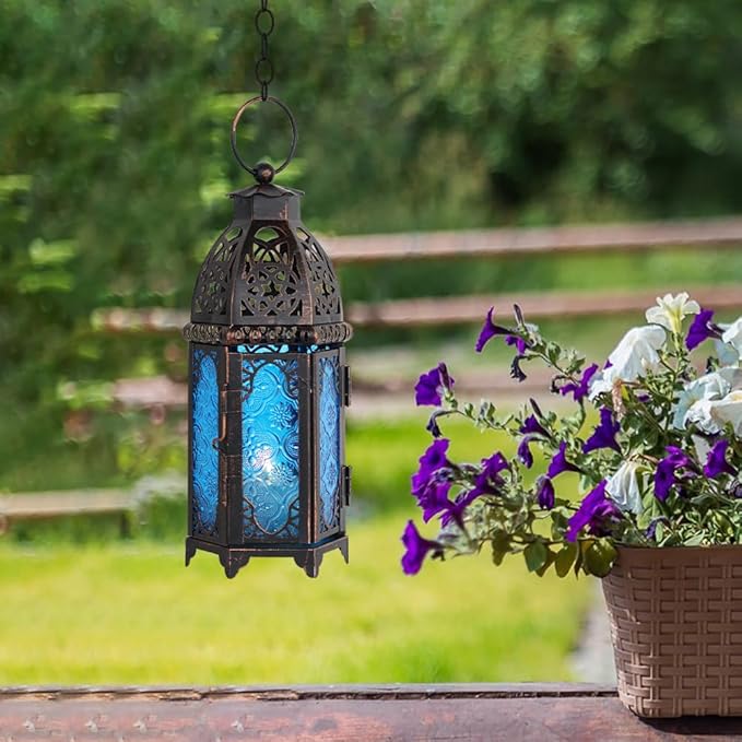 NEEDOMO Hanging Moroccan Lantern, 11'' Vintage Candle Holder, Metal Lanterns Decorative Indoor Outdoor, Table, Patio, Porch, Shelf, Gothic Home Decor (Blue, Medium Size)-Ruum Studio Home