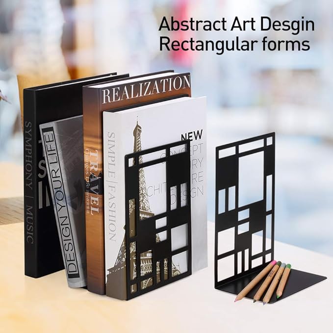 Book Ends, Bookends, Book Ends for Shelves, Bookends for Heavy Books, Book Divider Decorative Holder, Metal Heavy Duty Bookend Black 2 Pair, Abstract Art Desgin Book Stopper Supports for Office, Home-Ruum Studio Home