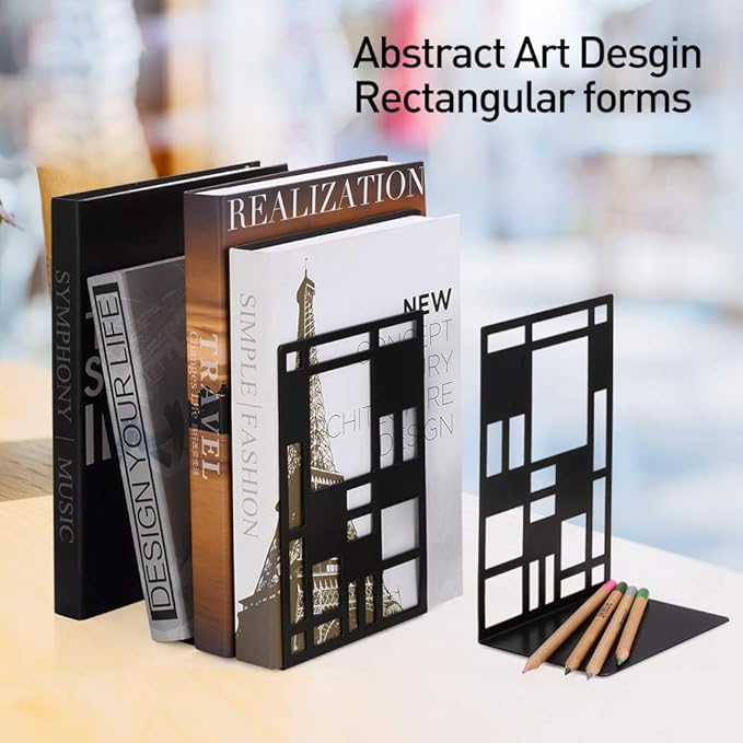Book Ends, Bookends, Book Ends for Shelves, Bookends for Heavy Books, Book Divider Decorative Holder, Metal Heavy Duty Bookend Black 3 Pair, Abstract Art Desgin Book Stopper Supports for Office, Home-Ruum Studio Home
