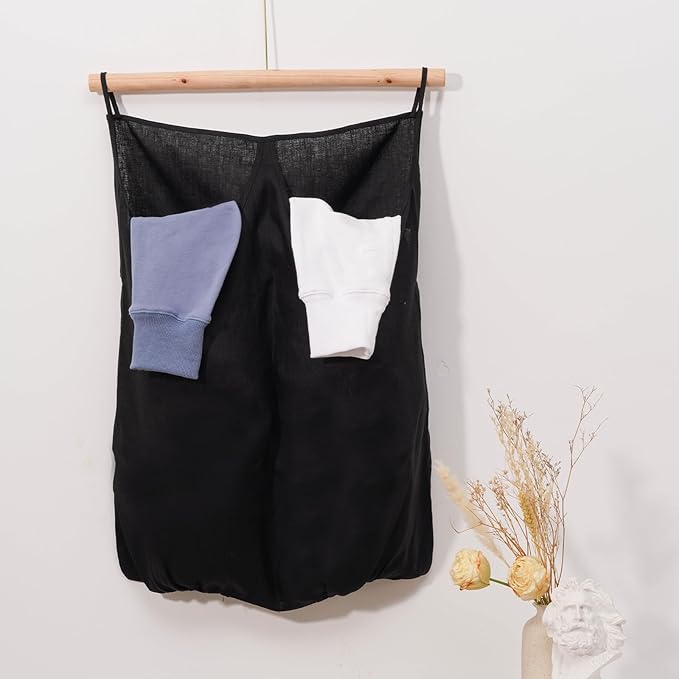 100% Pure Linen Dual Hanging Laundry Bag with 2 Deep Pocket and 2 Side Zipper 20x27in, Over The Door Laundry Hamper Space Saving Hampers for Dirty Clothes Home Travel, Black-Ruum Studio Home