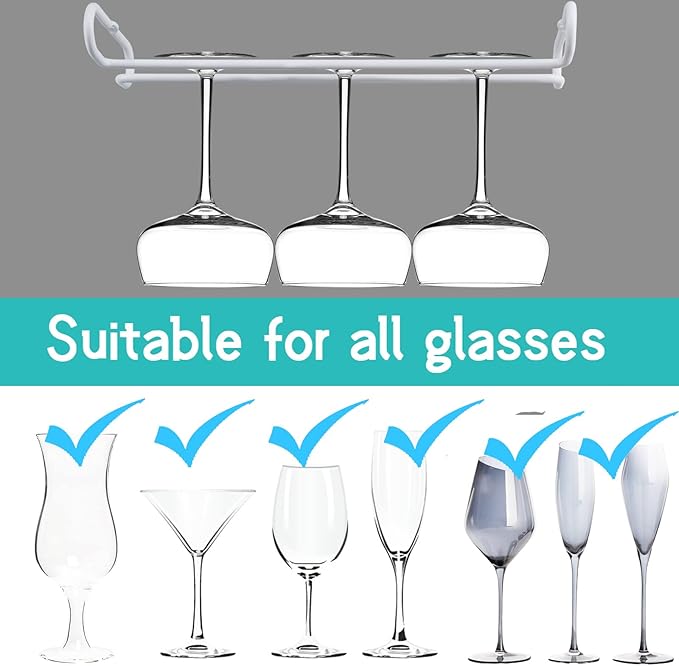 set 2 White Wine Glass Rack Under Cabinet Shelf 10 Inch Stemware Storage Hanging Hanger Organizer Glasses Holder with Drying Under Counter Metal for Kitchen and Bar-Ruum Studio Home