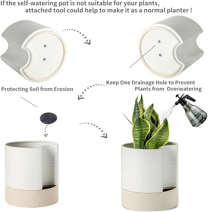 Nihow Self Watering Plant Pot: 8 Inch Ceramic Planter with Drainage Hole & Water Storage Plus for Indoor & Outdoor Plants - Cylinder Round Flower Pot for Succulent/Herbs/Violets - White & Brown-Ruum Studio Home