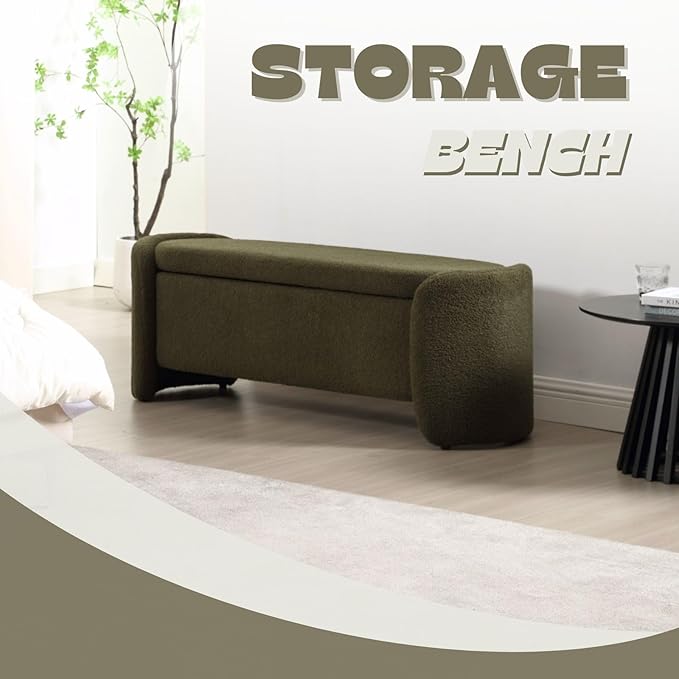 ROCTY Green Boucle Storage Bench - 50" Sherpa End of Bed Ottoman with Seating and Storage for Bedroom, Entryway, Living Room, Vanity or Makeup Room - Teddy Fabric-Ruum Studio Home