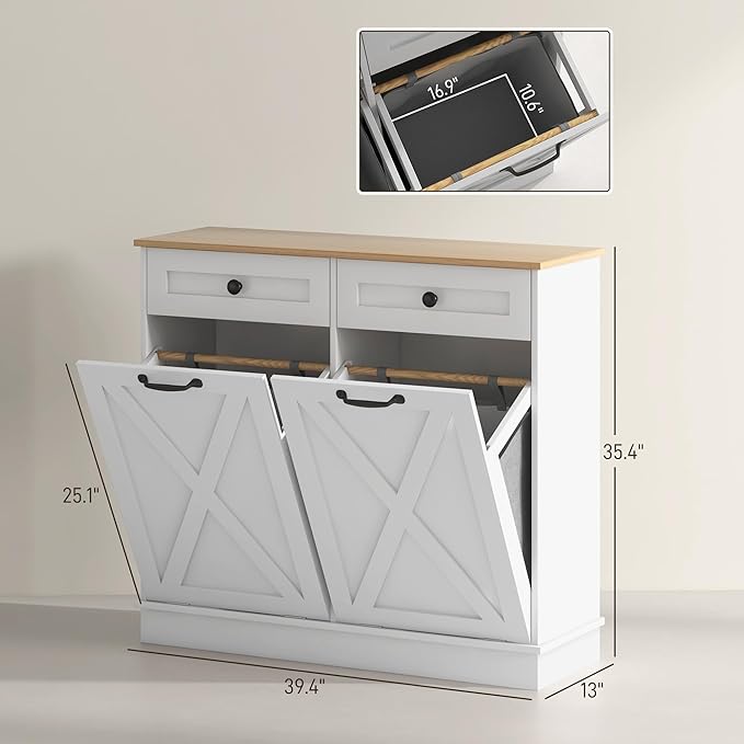 HOMCOM Tilt Out Laundry Hamper Cabinet with 2 Removable Baskets, Freestanding Bathroom Storage Cabinet with 2 Drawers, Trash Can Cabinet for Living Room, Laundry Room, White-Ruum Studio Home