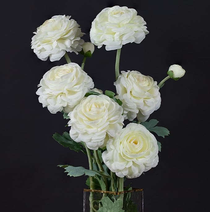 Artificial Ranunculus Long Stem Buttercup Silk Flowers 6pcs for Home Decor and Wedding Decorations(White 1)-Ruum Studio Home