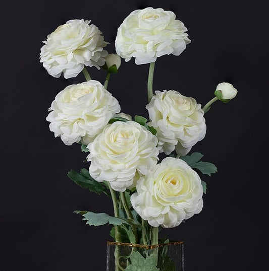 Artificial Ranunculus Long Stem Buttercup Silk Flowers 6pcs for Home Decor and Wedding Decorations(White 1)-Ruum Studio Home