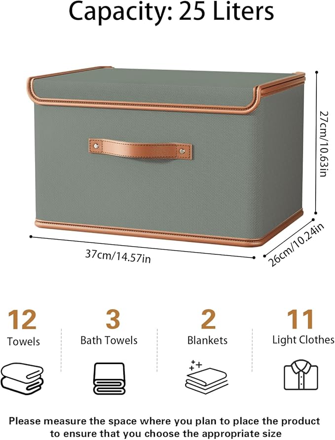 Tuza 2 Pack Storage Bins with Lids, Collapsible Closet Organizer Container, Fabric Organizer Box with Handles, Decorative Storage Boxes with Lids for Organizing Clothes, Blanket, Grey, Medium-Ruum Studio Home