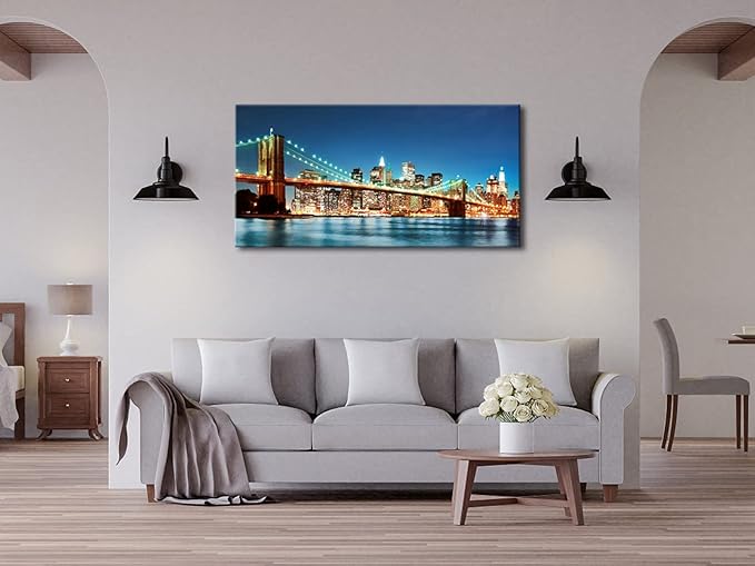 Pyradecor Large Modern New York Cityscape Canvas Wall Art Brooklyn Bridge Night View Canvas Prints Stretched Landscape Pictures Paintings Artwork for Living Room Home Decorations L-Ruum Studio Home
