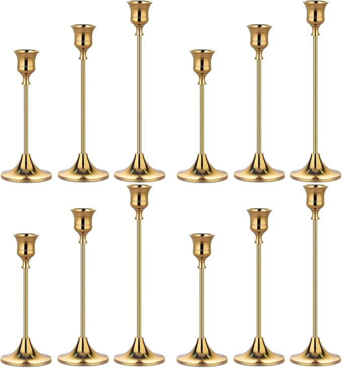 Metal Candle Holders for Candlesticks Taper Candlestick Holders Set Vintage Decorative Centerpiece Candelabra Tall Candle Stands for Halloween Thanksgiving Christmas (Gold, 4 Sets (12 pcs))-Ruum Studio Home