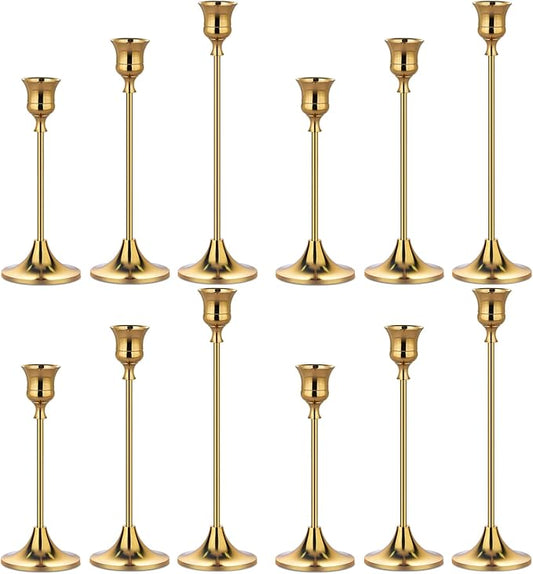 Metal Candle Holders for Candlesticks Taper Candlestick Holders Set Vintage Decorative Centerpiece Candelabra Tall Candle Stands for Halloween Thanksgiving Christmas (Gold, 4 Sets (12 pcs))-Ruum Studio Home