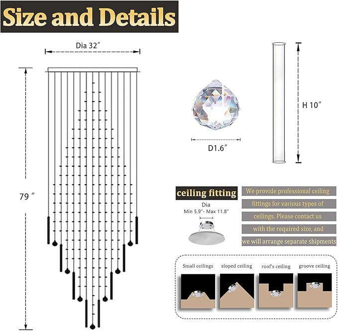 Flashing God D32 x H79'' Modern Crystal Chandelier for High Ceiling Large Foyer Chandeliers Large Raindrop Chandelier for Foyer Living Room Entryway Staircase Villa-Ruum Studio Home