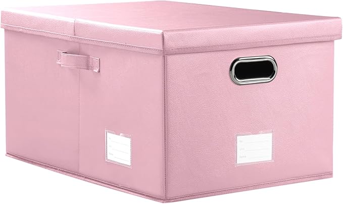 PRANDOM Collapsible Storage Box with Lid [1-Pack] Leather Fabric Foldable Storage Bin Organizer Container Basket Cube with Cover for Home Bedroom Closet Office Nursery Pink (22.8X15.7X11.8)-Ruum Studio Home