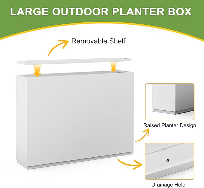FENCY Metal Rectangular Planter Box Large Planters for Outdoor Plants, Tall Planters for Outdoor Plants with Drainage Holes, Rectangular Planters for Outdoor Plants (35.4" L x 9" W x 25.6" H,White)-Ruum Studio Home