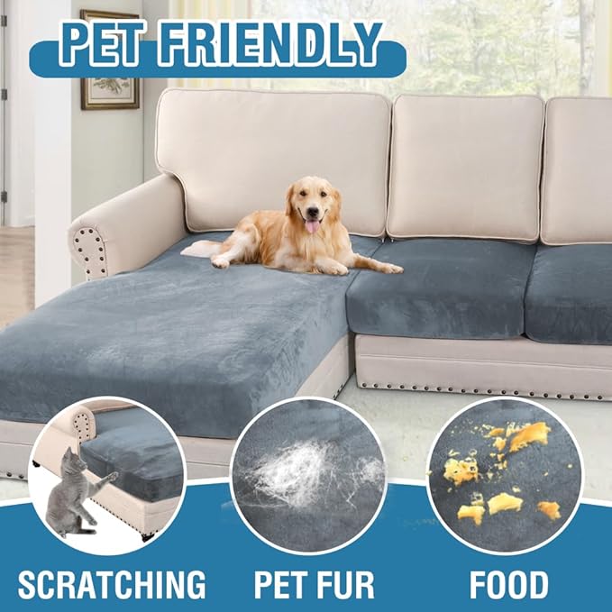 H.VERSAILTEX Velvet Stretch Sectional Couch Covers - 4 Piece Sofa Seat Cushion Set - L Shape Separate Cushion - Both Left/Right Couch Chaise Cover - Large Sofa 3 Seater + 1 Chaise, Stone Blue-Ruum Studio Home