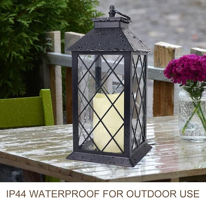 Bright Zeal 2-Pack 13.5" Vintage Candle Lantern with LED Pillar Candle (Black, 6hr Timer) - IP44 Waterproof Battery Powered Candle Lantern - Outdoor Patio Hanging Lantern Decorative Tabletop Lantern-Ruum Studio Home