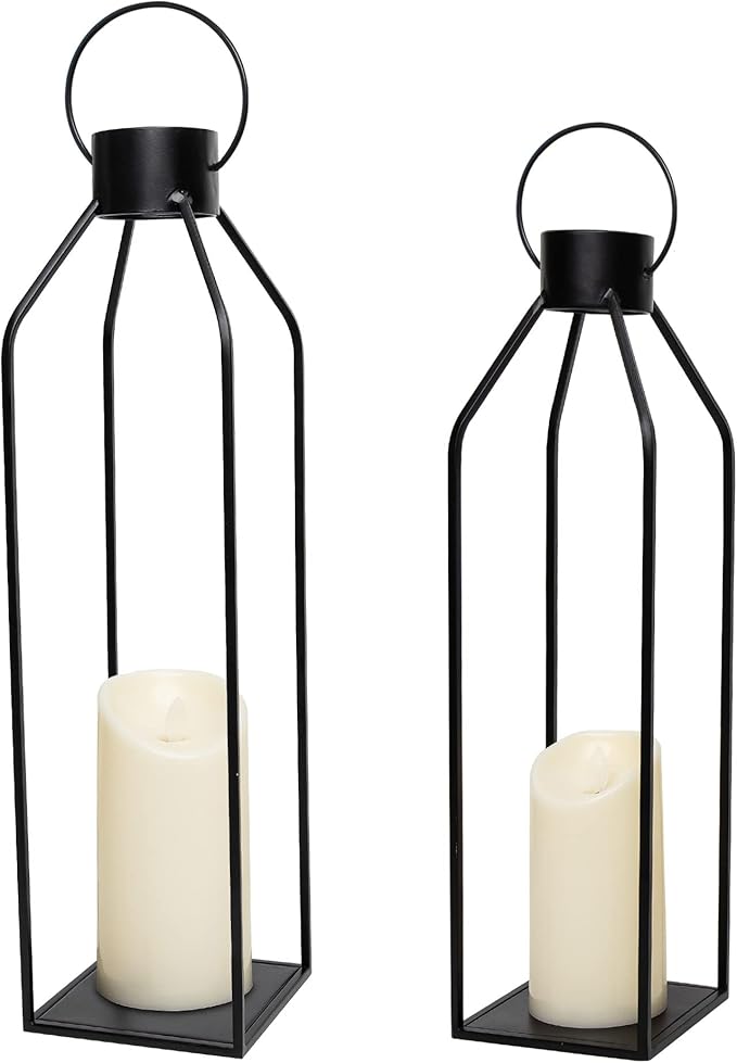 HPC Decor 22'' 19'' Lanterns Decorative w/ Flickering Timer Candles- Large Tall Black Metal Candle Lanterns Set of 2- Modern Farmhouse Decor for Indoor,Outdoor,Tabletop,Porch (No Glass)-Ruum Studio Home