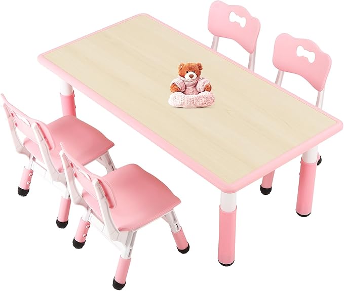 FUNLIO Kids Table and 4 Chairs Set for Ages 3-8, Height Adjustable Toddler Table and Chair Set, Easy to Wipe Arts & Crafts Table, for Classrooms/Daycares/Homes, CPC & CE Approved (5 pcs Set) - Pink-Ruum Studio Home