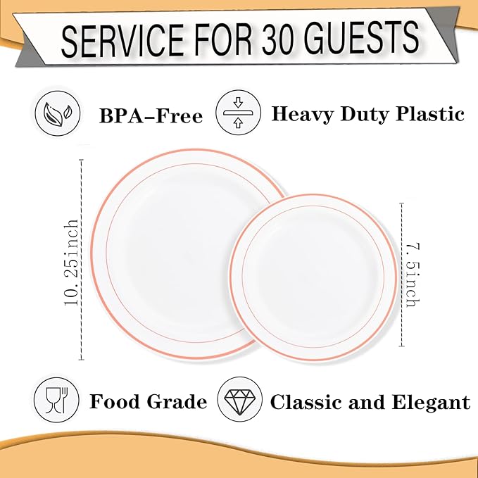 FLOWERCAT 60PCS Rose Gold Plastic Plates - Heavy Duty Rose Gold Plates Disposable for Party Wedding- Include 30PCS 10.25inch Dinner Plates and 30PCS 7.5inch Dessert Plates-Ruum Studio Home